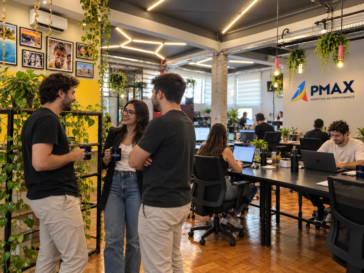 Equipe da PMAX conversando no escritório